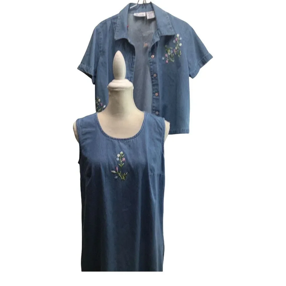 Womans Blair 2 Pc Denim Dress Jacket Size Small Petite Embroidered Dress Vintage